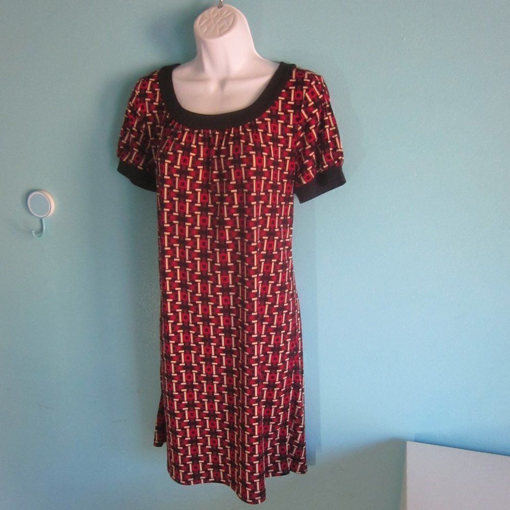 Loft Women Size S Casual Pullover Red Geometric Print Knee Length Dress 38" Bust